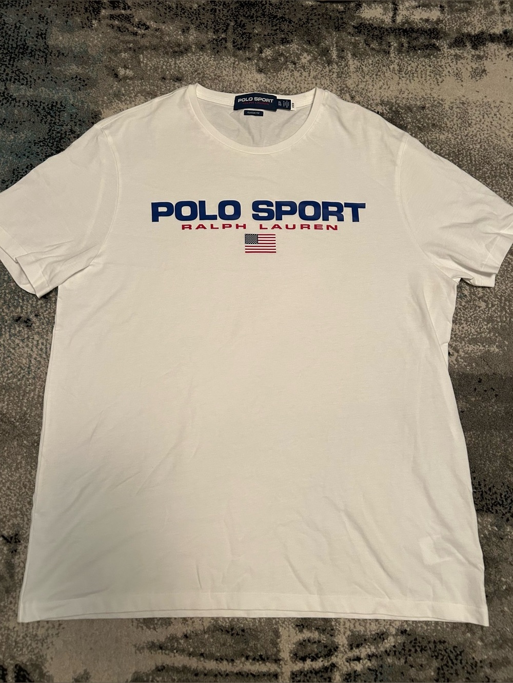 NWOT XL Polo Ralph Lauren White Classic Fit Polo Sport Jersey T-Shirt with flag